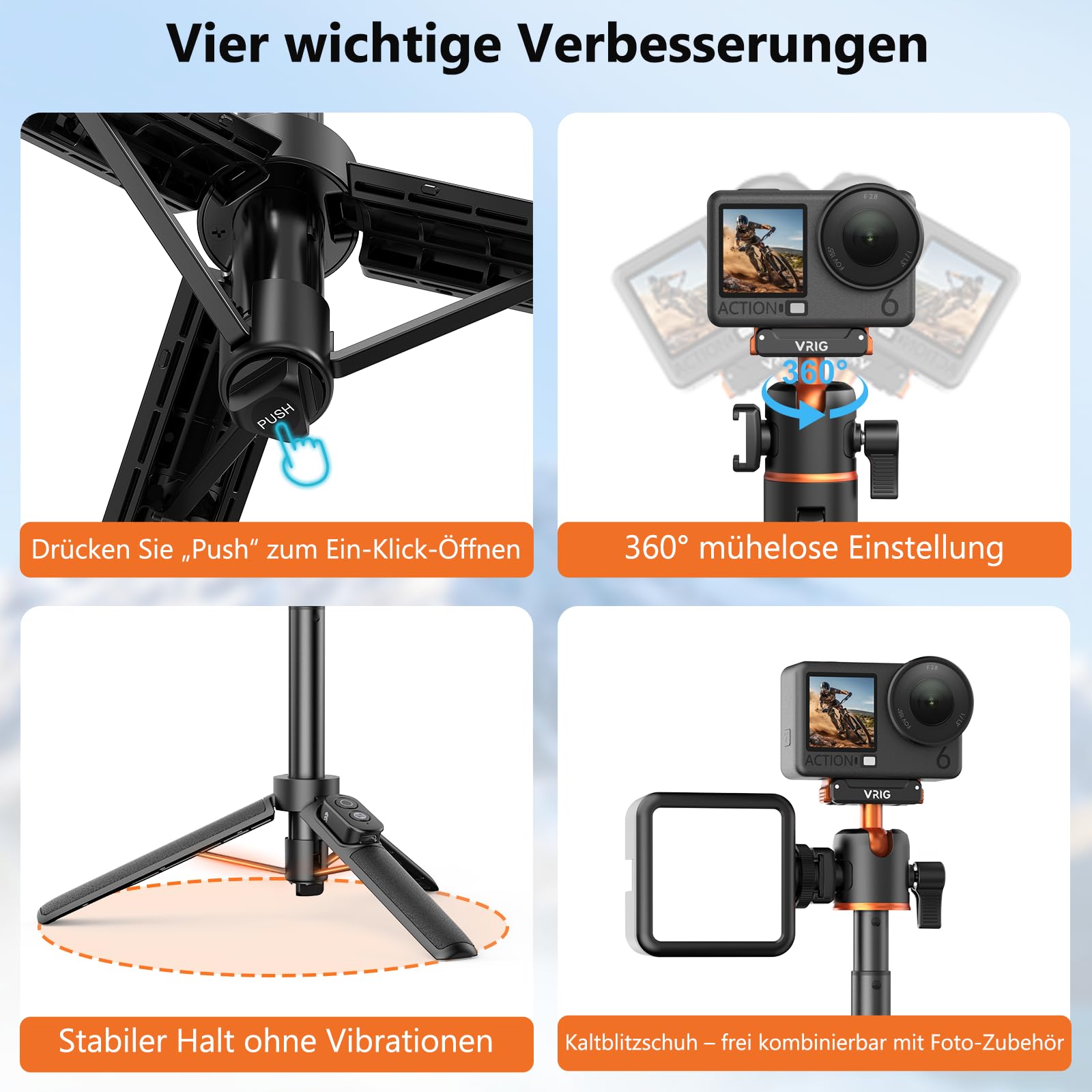 VRIG AC-90S Selfie Stick Stativ für DJI Osmo Action 6/5 Pro/ 4/ Osmo 360 | 55 cm Verlängerungsstab mit Magnetischer-Schnellwechseladapter & Fernbedienung für Vlogs, Live-Übertragungen und Reisen