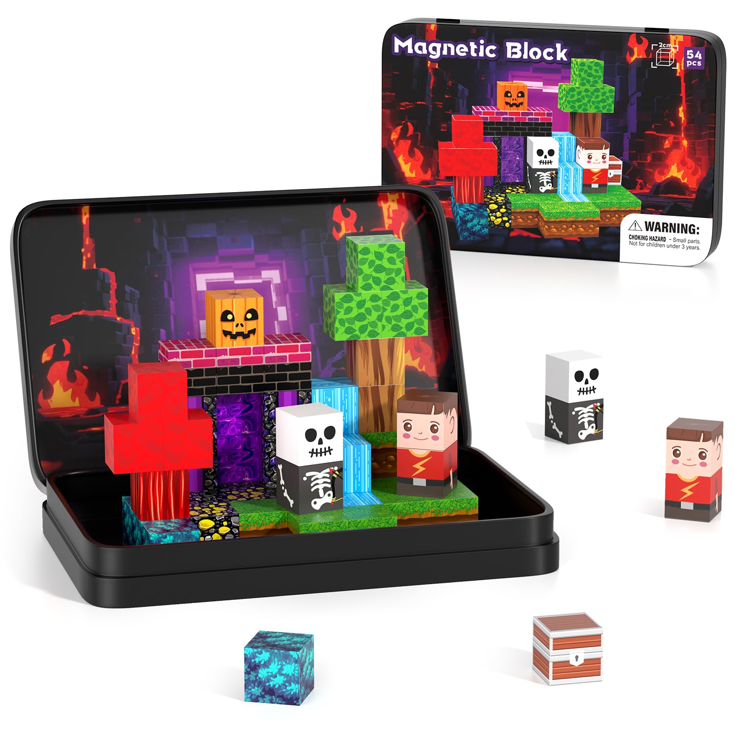 Kryzomat Magnetische Bausteine, Mini Magnet Bausteine mit Tragbaren Box 54 PCS, Travel Set für Kinder Jungen Mädchen, Magnetic Blocks Abenteuer für Geburtstag Weihnachten