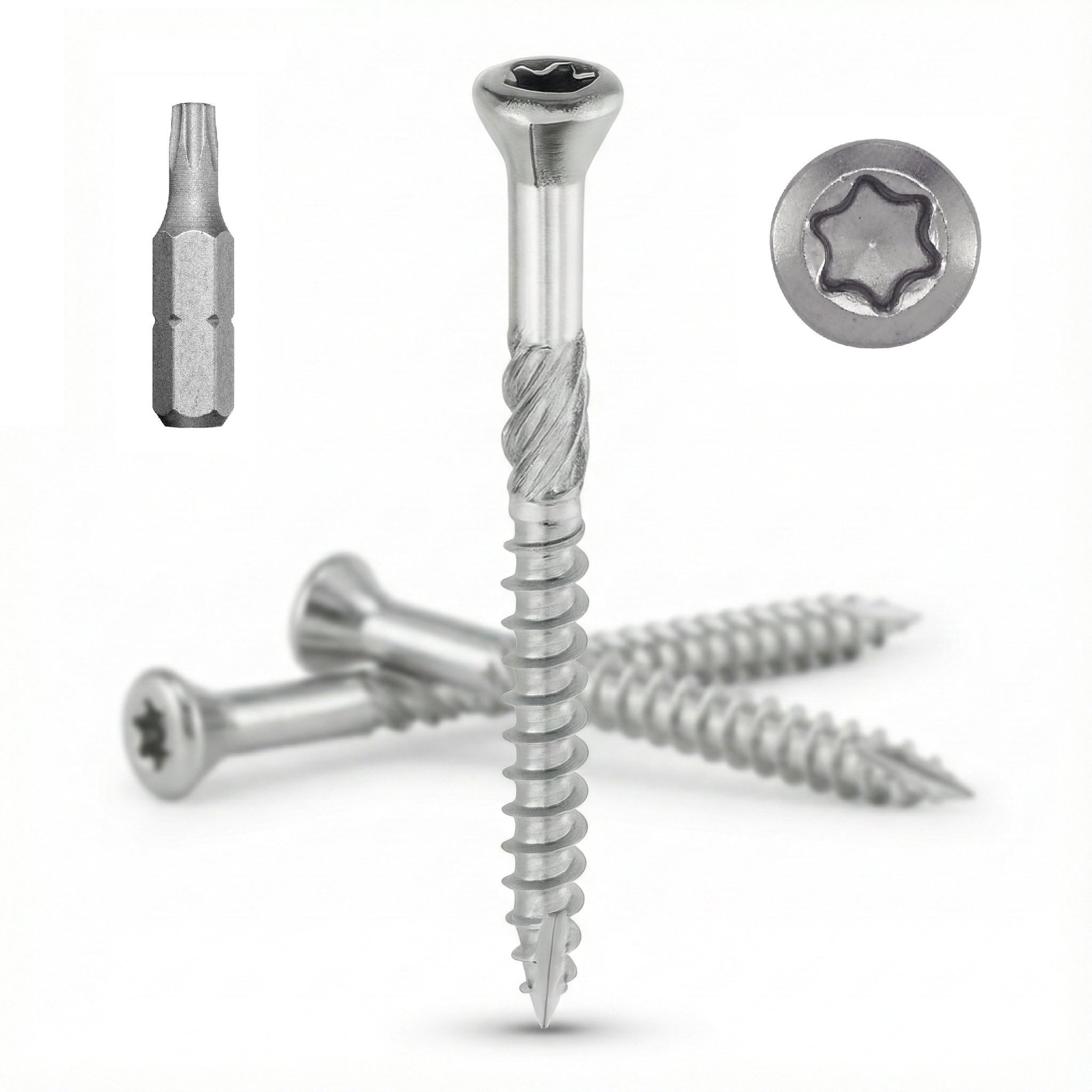 Vis de terrasse INOX A2 : 5x60 mm tête fraisée réduite TORX Ø 5 x 60mm | Vis à bois 60 mm terrasses/planches/bardages | Acier Inoxydable A2 (V2A/304) | 1 embout inclus : LOT DE 200 Pcs