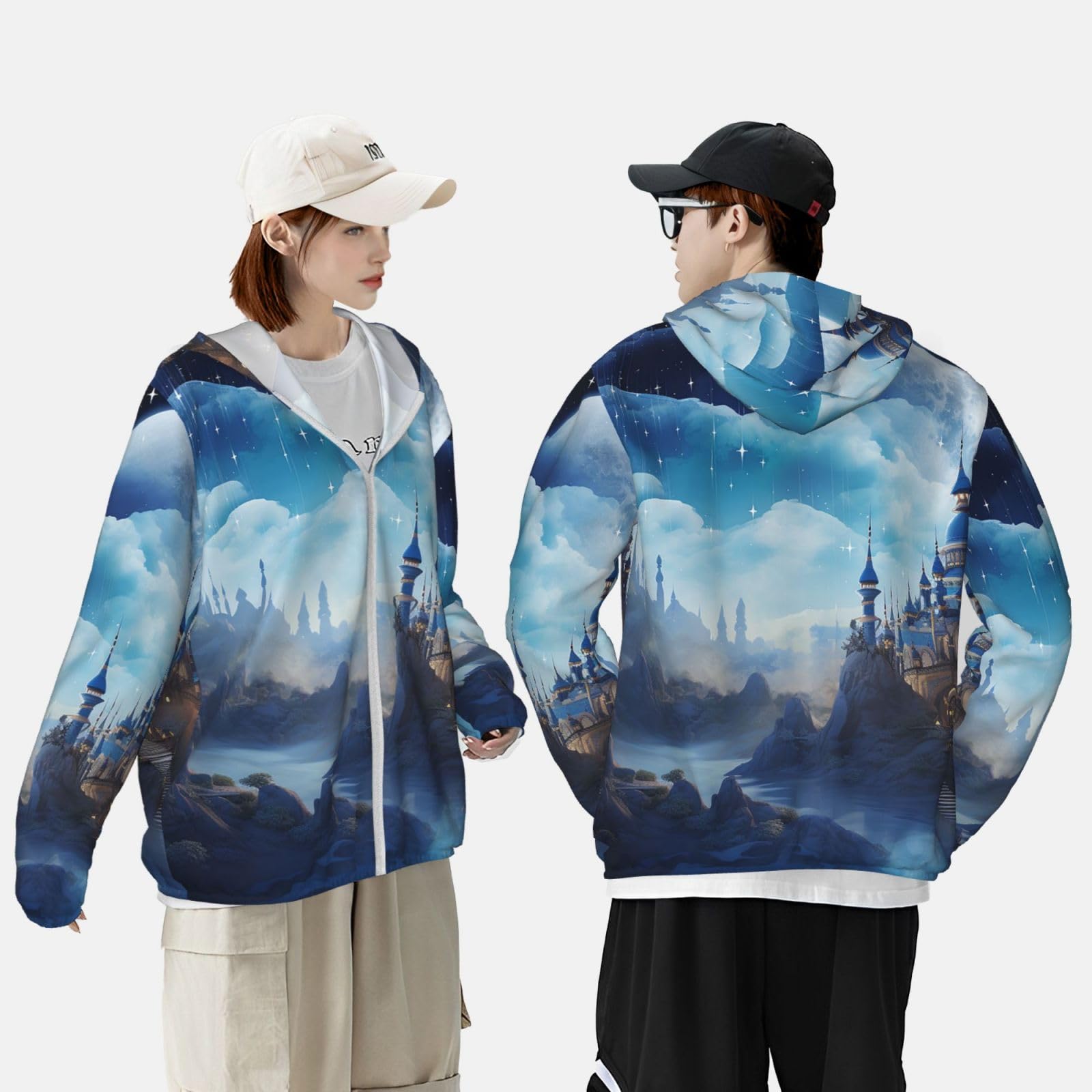 NONHAI Men's Sun Protection Jacket UPF 50+ Full Zipper Long Sleeve UV Hoodie Shirt Moon Blue Castle Women's Outdoor Jacket