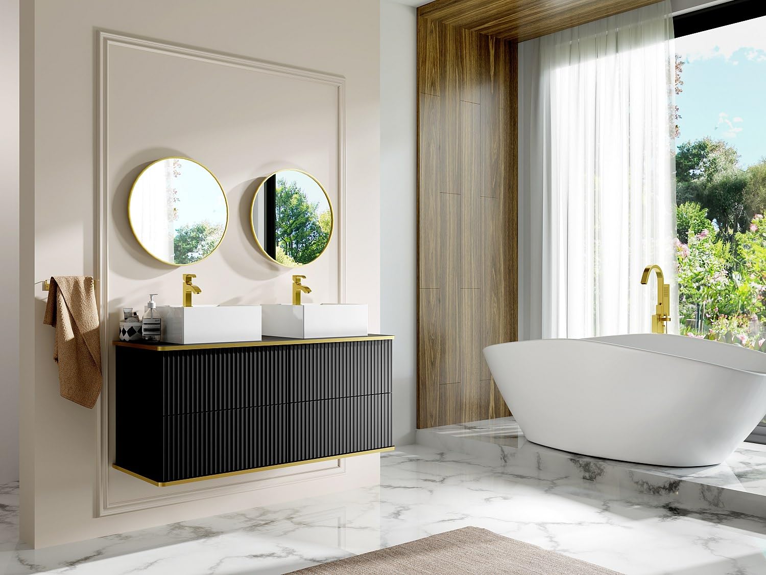 Vente-unique - Meuble de Salle de Bain Suspendu strié liseré doré avec Double Vasque à Poser carrée - Noir - 120 cm - KELIZA