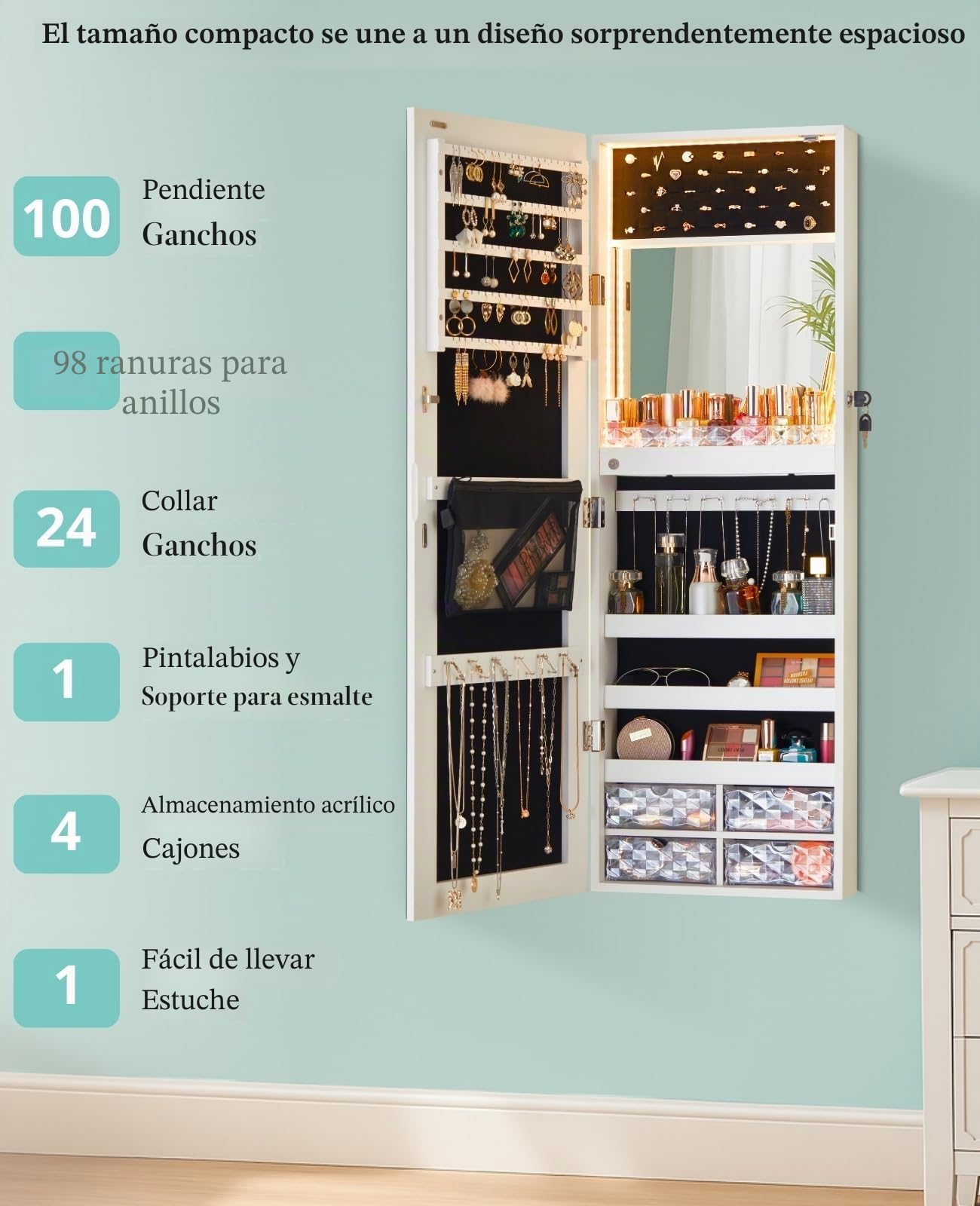 LUXFURNI Espejo con luces LED para colgar en la pared o en la puerta, espejo de longitud completa de 42 pulgadas con almacenamiento, espejo de maquillaje integrado, organizador de espejo de joyería