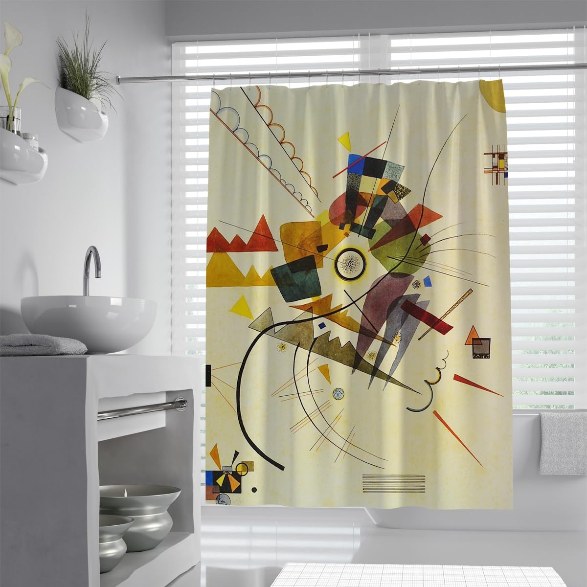Olliar Home Shower Curtain Mid Century Modern Beige Yellow Cartoon Geometric Bathroom Curtain Vintage Boho Abstract Home Bathtub Decor Waterproof Fabric 180X180