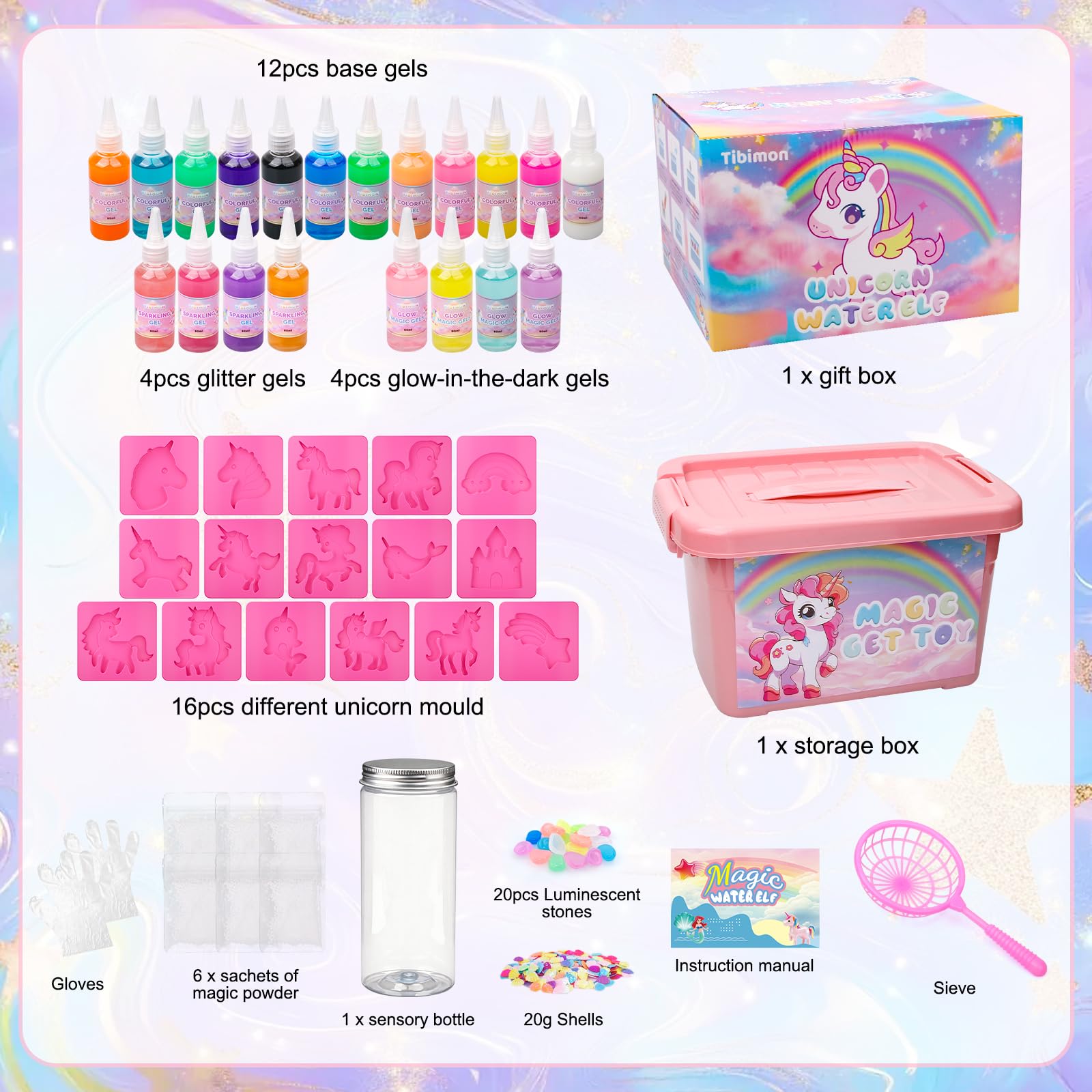 Tibimon Einhorn Magic Water Elf, DIY 3D Magisches Wasser Gel Spielzeug, 20 Magischem Gel und 16 Formen, Magic Water elf für Kinder 4 5 6+, Geburtstag, Weihnachten, Ostern, Geschenk für Jungen Mädchen