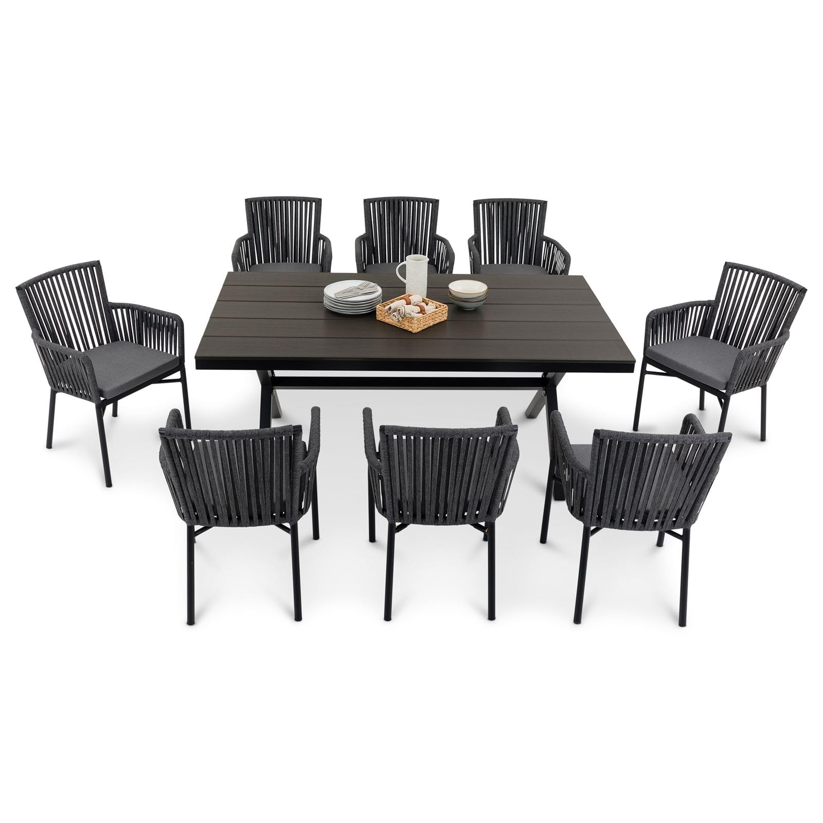 IDIMEX Gartenmöbel-Set AFUERA Tisch mit 8 Stühlen, Schwarz - Outdoor Essgruppe für bis zu 8 Personen, wetterfest und pflegeleicht, Wasserabweisende Sitzkissen, ideal für Terrasse, Balkon und Garten