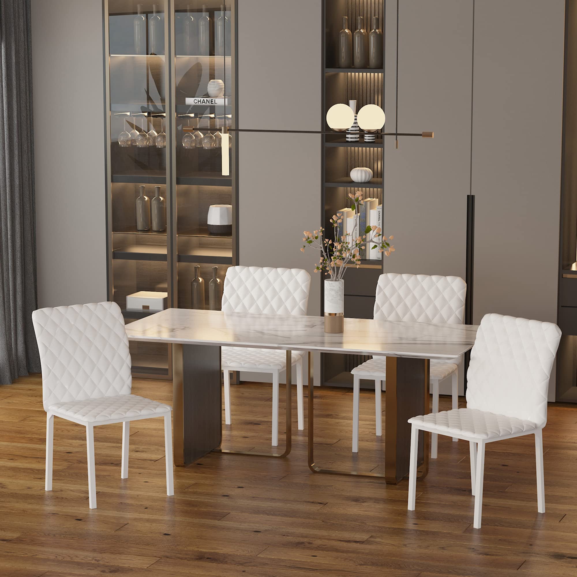 HOMCOM Set 4 Sedie per Soggiorno o Sala da Pranzo, Sedie Imbottite e Rivestite in Pelle PU Bianca, 41x50x91cm