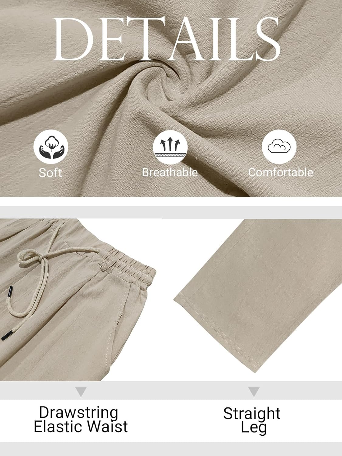 Men's Linen Pants Lightweight Drawstring Elastic Waist Pockets Loose Fit Straight Legs Summer Beach Yoga - Image 7