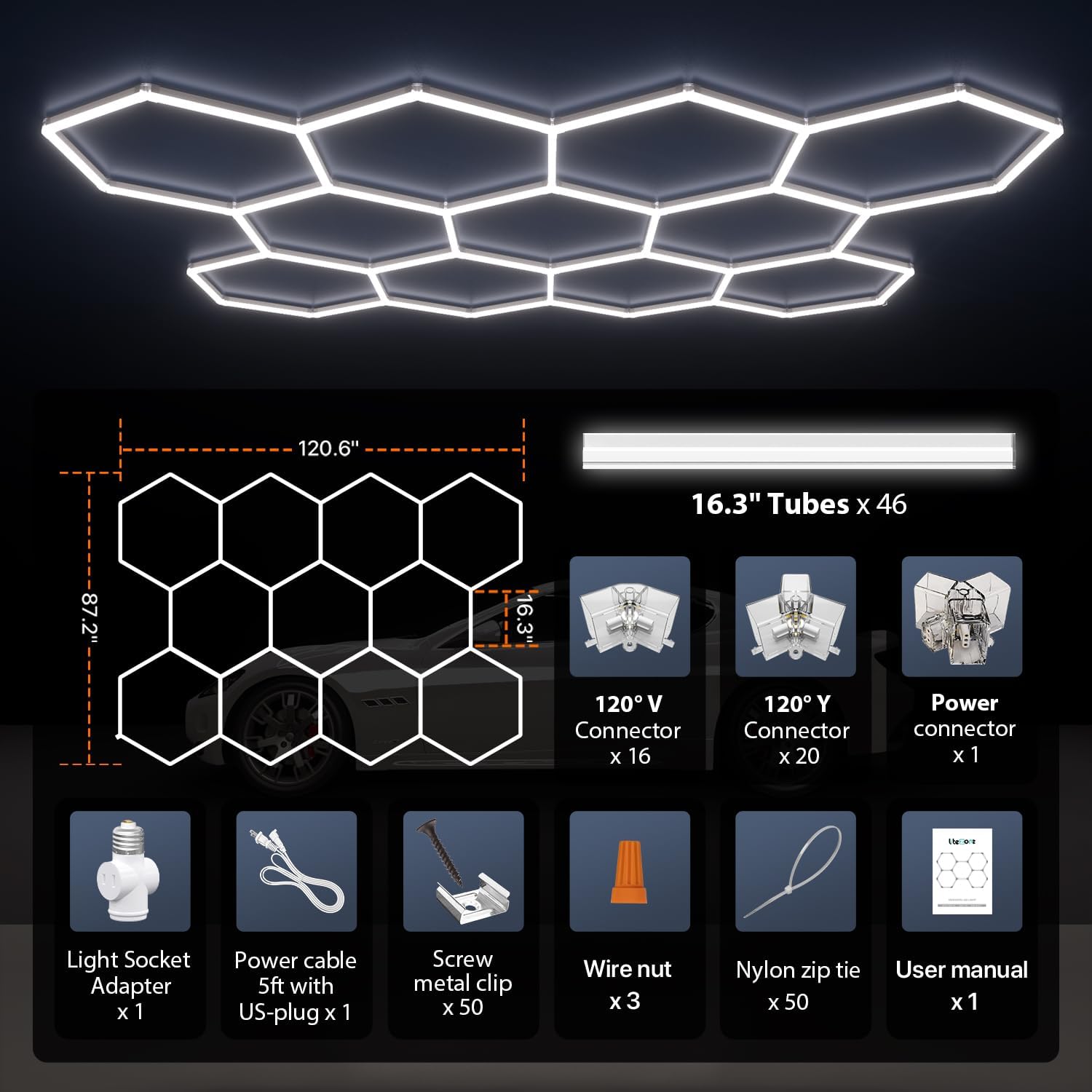 Hexagon Garage Lights, 11-Hex Lights Garage, Led Hexagon Lights, 460w, 55200lm, 5000k Ultra Bright, Modular Honeycomb Shop Light for Gym Lighting, Car Detail Lighting, Warehouse