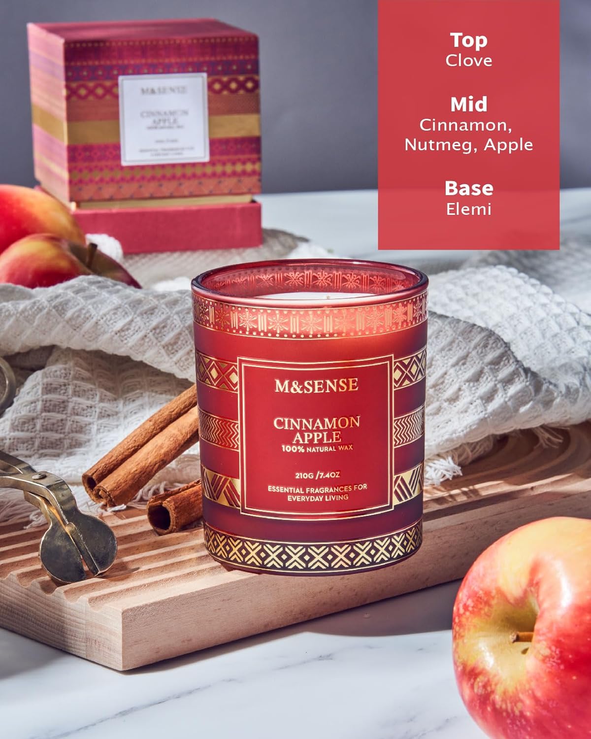 M&SENSE Cinnamon Apple Christmas Soy Candle, Natural Non Toxic 7.4oz 45 Hour Long Burning, Winter Luxury Holiday Candle for Home Scented, New Year Gifts for Men & Women - Image 2
