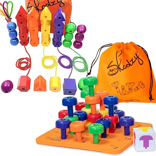 Skoolzy Rainbow Lacing Beads & Pegs - 71 piezas de reconocimiento de color y clasificación de juguetes Montessori Sensory Bundle para niños mayores