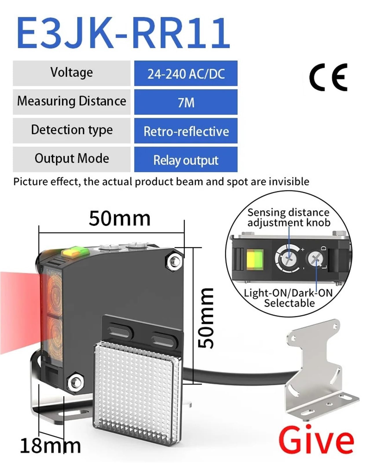 Sensor fotoeléctrico E3JK-RR12 retrorreflectante 24-240V CC/CA salida de relé Universal interruptor fotoeléctrico óptico cuadrado