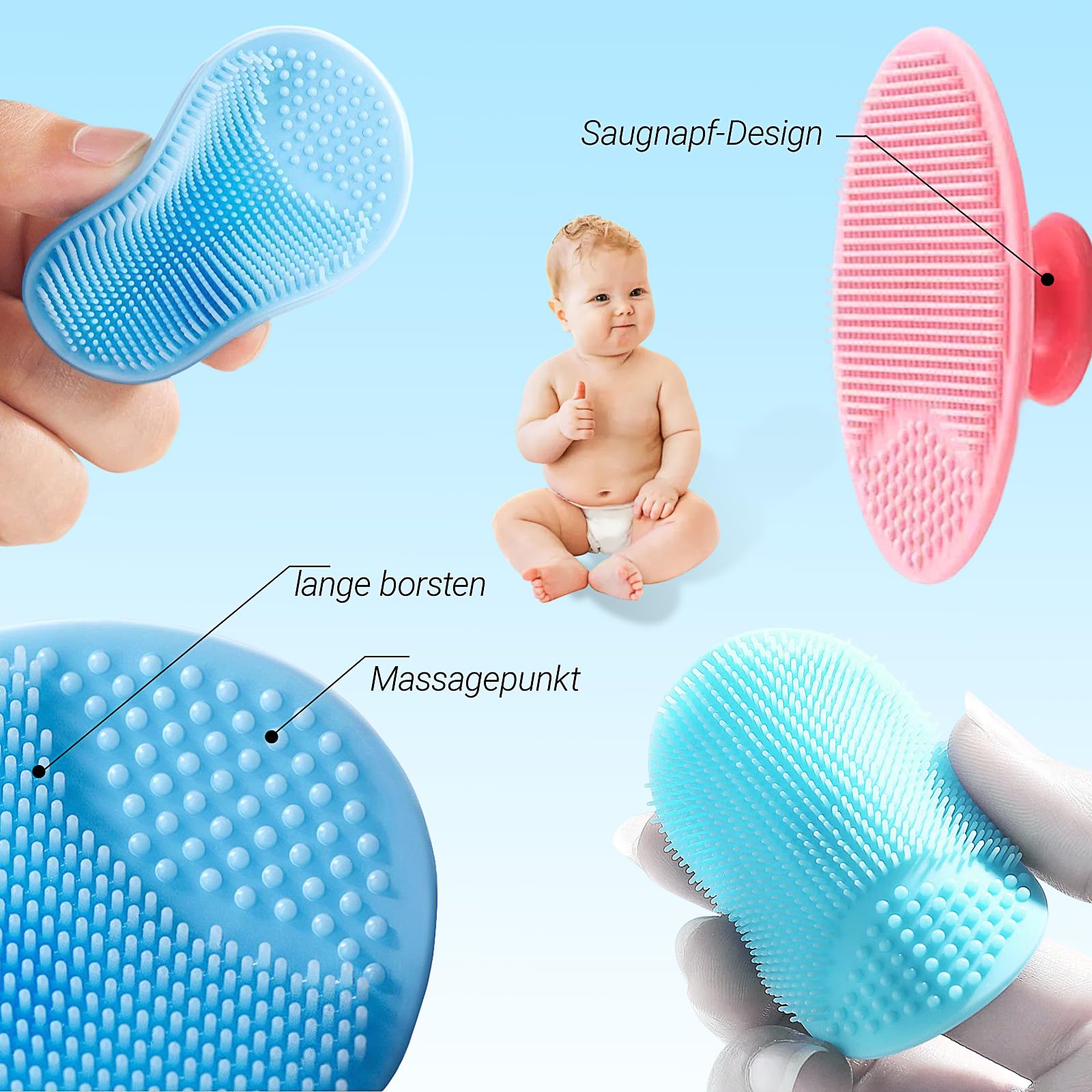 Brosse de bain pour bébé, set de 3 brosses de massage rondes, brosse de massage en silicone, brosse exfoliante en silicone, pour les peaux sèches, les croûtes de langes et l'eczéma (bleu, vert, rose)
