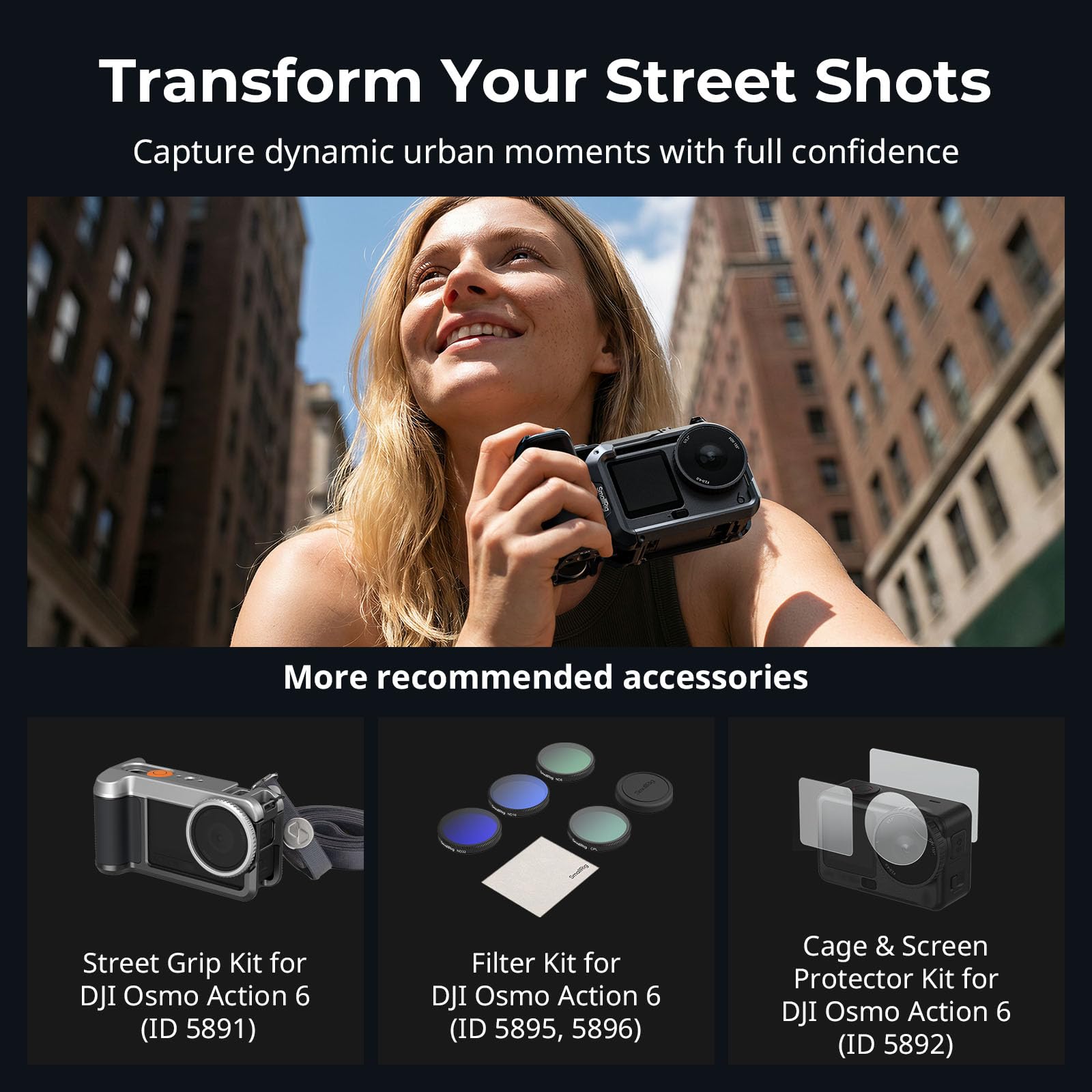 SMALLRIG Griff-Kit für DJI Osmo Action 6 mit Metallkäfig, Street Photography Griff, Auslöser, Kaltschuh, Handgelenkband, Objektivabdeckung, 1/4 Gewindeloch
