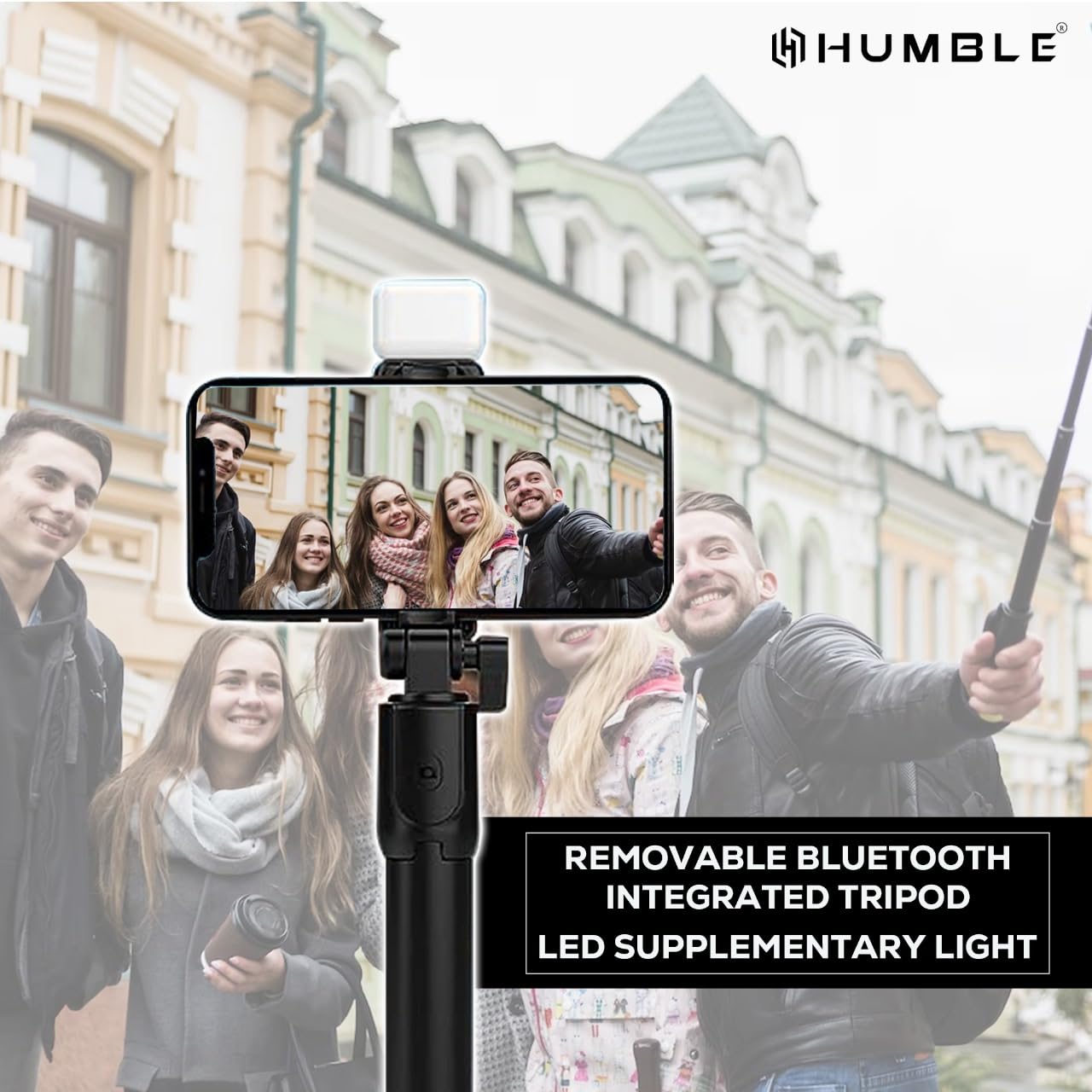 HUMBLE Bluetooth Selfie Sticks with Remote and Selfie Light, 3-in-1 Multifunctional Selfie Stick Tripod Stand for Travelling, YouTube Vlogging Video, Compatible with All Smartphones (70 cm)