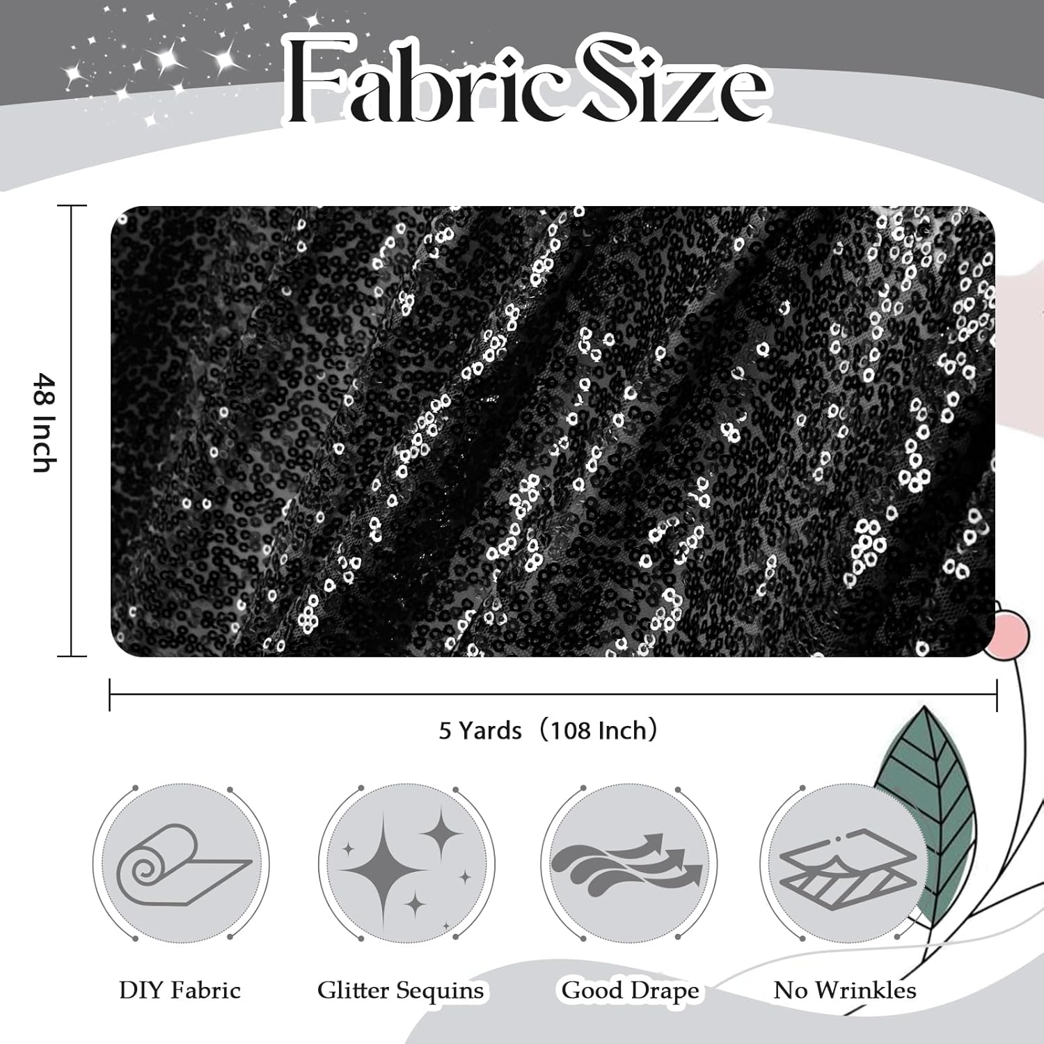 INVGEEXI Black Sequin Fabric by The Yard, 15 Feet 5 Yard Sparkly Glitter Sequins Material for Wedding/Bridesmaid Dresses, Party Costumes, Tablecloths, DIY Sewing Projects