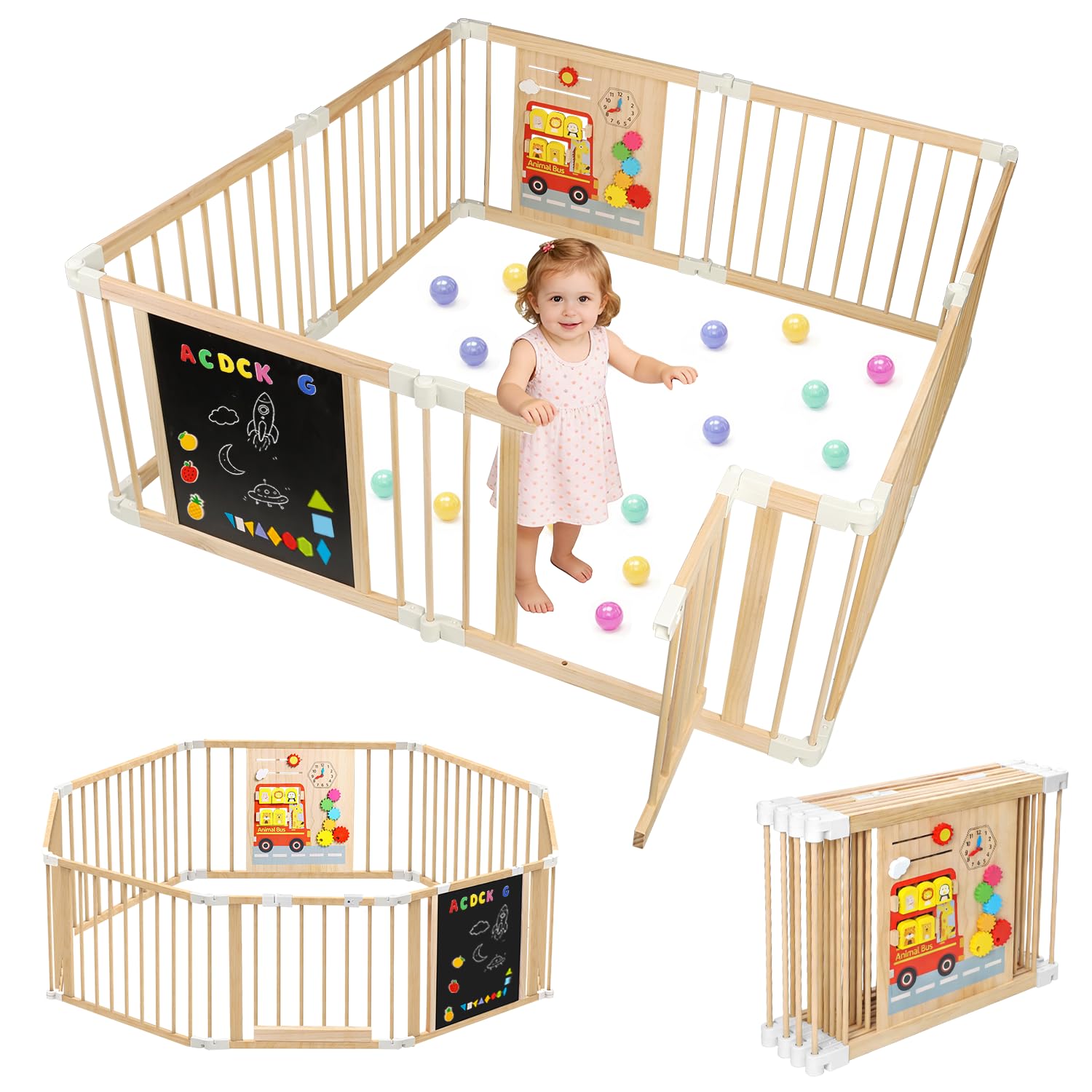 Laufstall Baby Holz, Faltbares XL Laufgitter mit Tür, Verstellbare Groß & Form, Montessori Aktivitätsspielzeug, Schneller Aufbau, Sicherer Spielbereich für Babys und Kleinkinder (1–3 Jahre)