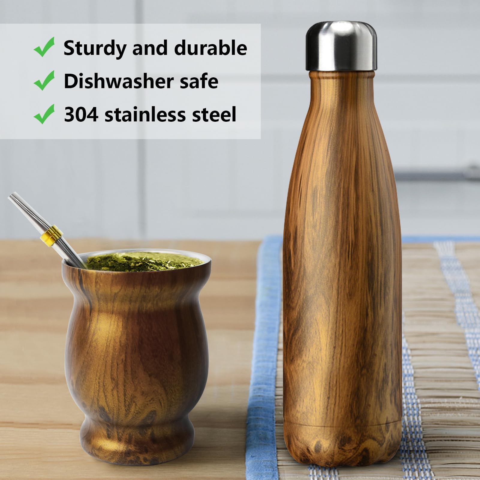 Artcome Zestaw kubków Yerba Mate ze stali nierdzewnej 5 szt. - 1 kubek ze stali nierdzewnej o podwójnych ściankach 240 ml, 1 termos 480 g, 2 bombille (słomka Yerba Mate), 1 szczotka, łatwy do