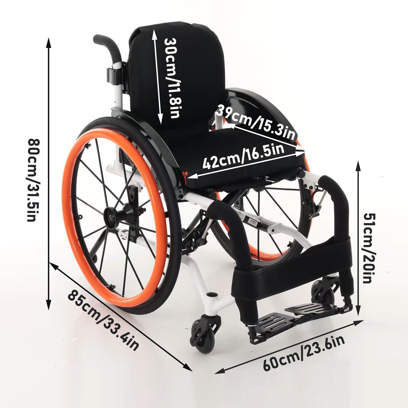 Sedia a rotelle pieghevole e semovente, Alluminio, Leggero, Compatto(Seat width 42cm/16.5in)