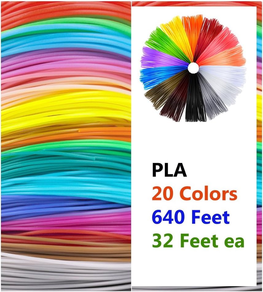 640 Linear Feet PLA 3D Pen Filament Refills 20 Colors 32 Feet Each 1.75mm diameter Biodegradable Drawing, Printing Packs