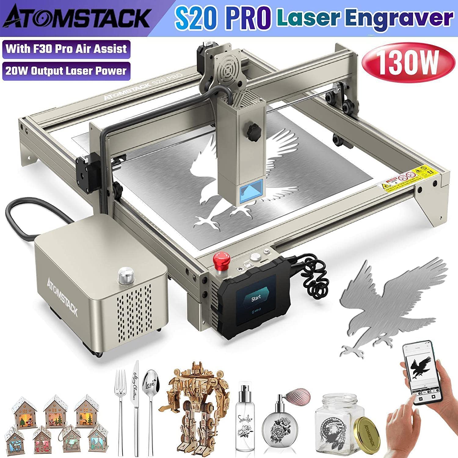 ATOMSTACK S20 Pro Incisore Laser con F30 Pro Air Assist Pompe, Macchina per Incisione Laser 130W, Taglierina Laser Ottica 20W per Metallo e Acciaio 0.05mm, Alta Precisione Carving