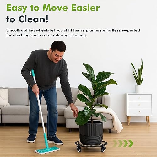 Miniatura 8 de 2 paquetes de metal para plantas con ruedas de 13 pulgadas, soportes rodantes de hierro forjado de alta resistencia con ruedas para interiores y