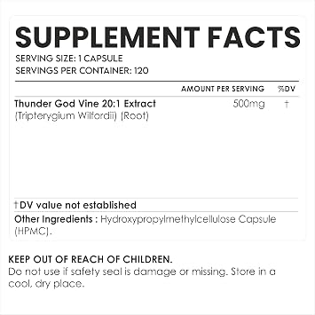 Thunder God Vine Root 20:1 Supplement Tripterygium Wilfordii Herbal Supplement 500 mg Capsules with Lei Gong Teng Extract with Triptolide 120 Capsules