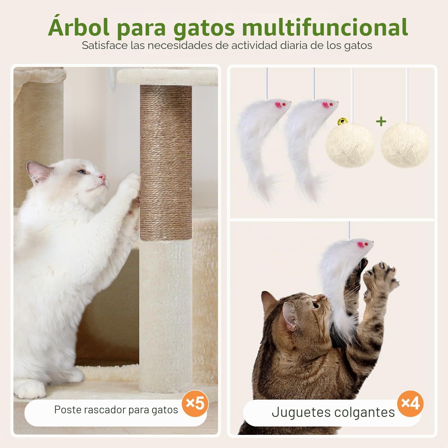 Globlazer Rascador para Gatos Grande Beige, Castillo Gato Alto 204 cm con 3 Nidos, 2 Grande Perchas, 3 Suave Cesta, Árbol Rascador para Múltiple Gatos Adultos Descansar Jugar Interior (F80F, Beige)