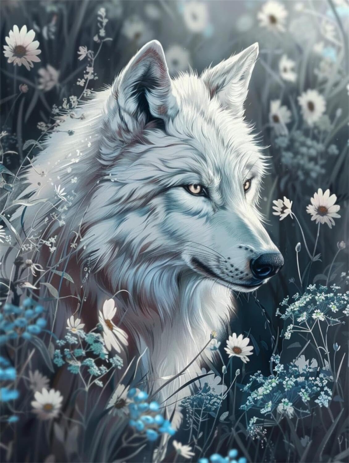 Rqwybcaxn DIY Rug Latch Hook Kits White Wolf and Flowers 55x75cm