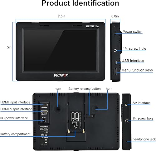 Miniatura 7 de VILTROX DC-70 II Monitor de campo de cámara de 7 pulgadas, 4K HDMI AV de entrada/salida Kit de monitor de video con capucha de sombrilla/batería,