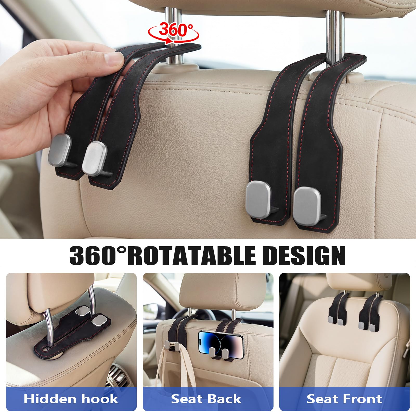 Black Car Headrest Hook Purse Hook for Handbag and Purse Car Seat Back Storage Hooks Thickened Designs 4Pcs — view 5