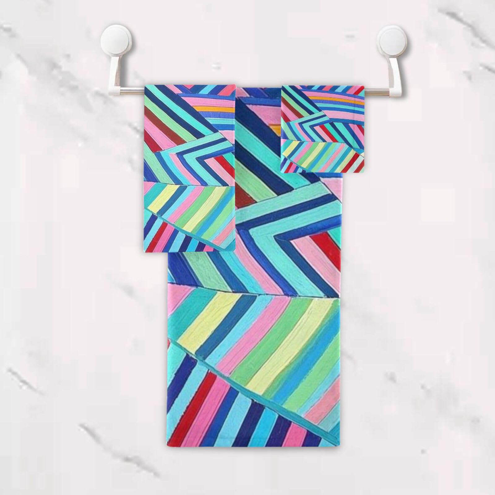 Art Stripe - Juego de 3 toallas faciales de limpieza coloridas, 1 toalla de baño, 1 toalla de mano, 1 paño para el cuerpo y la cara del baño