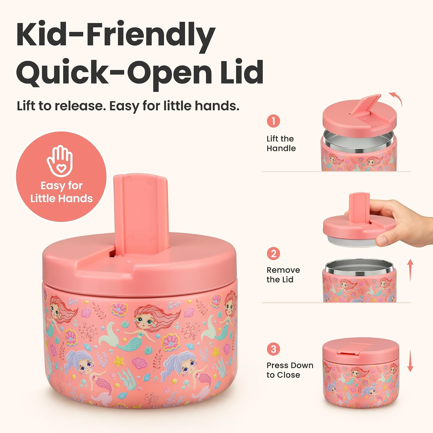 Pawtong 12oz Insulated Vacuum Food Jar with Buckle Lid Wide Mouth Soup Thermo for Hot Food Kids Leakproof Stainless Steel Lunch Container (mermaid) image 2