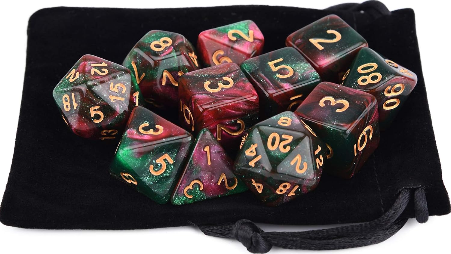 Red Green Glitter Dice 11 Piece RPG Set with Drawstring Bag for Dungeons and Dragons 5e DND Tabletop Games