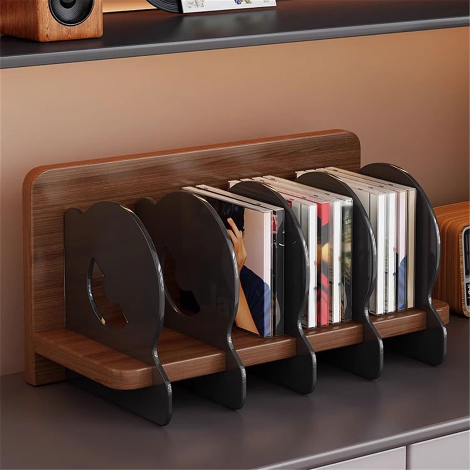 Ufficio Desktop in legno con divisorio in acrilico for display for dischi in vinile Scaffale porta dischi