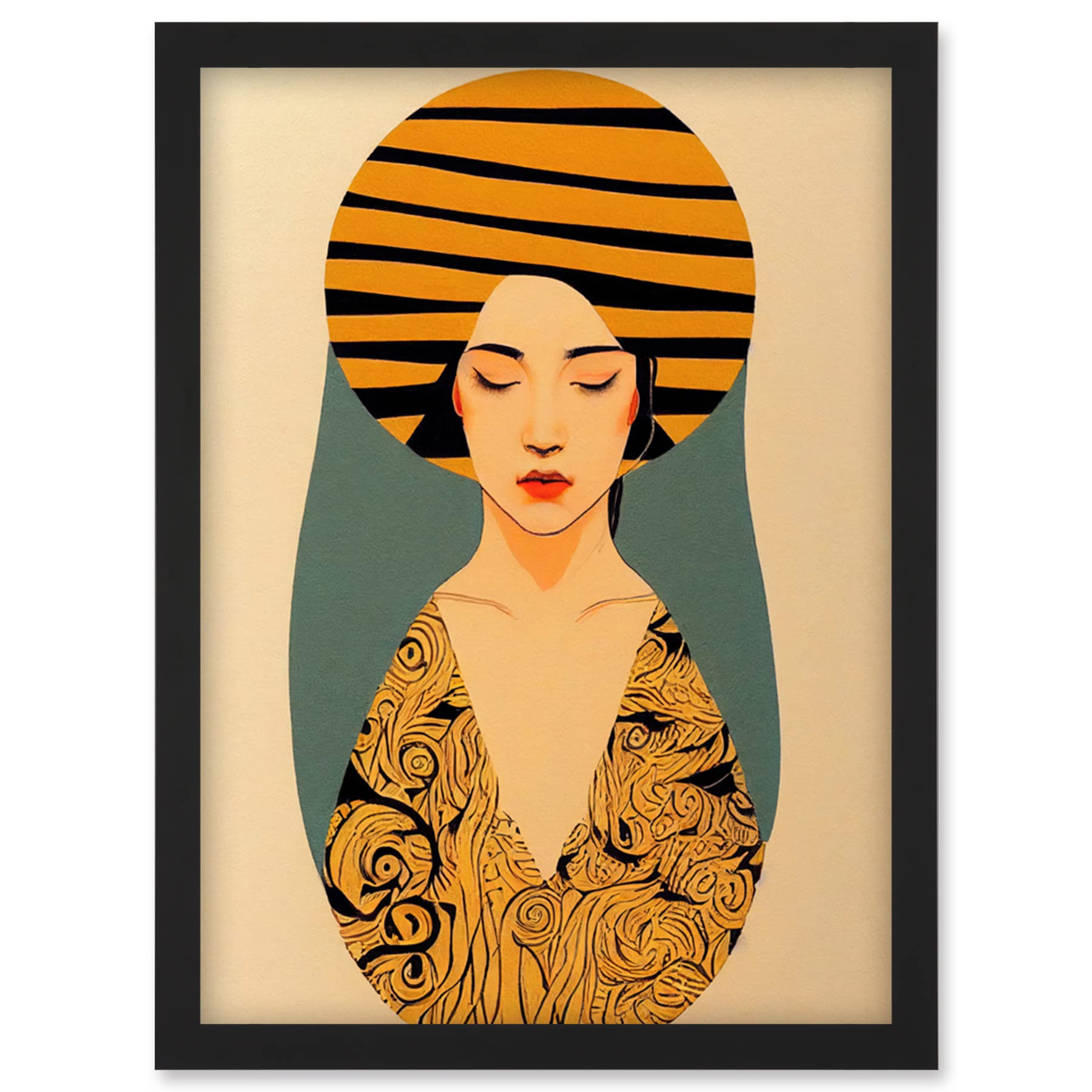 Retro Woman Mid Century Yellow Art Nouveau Framed Wall Art Picture Print A4