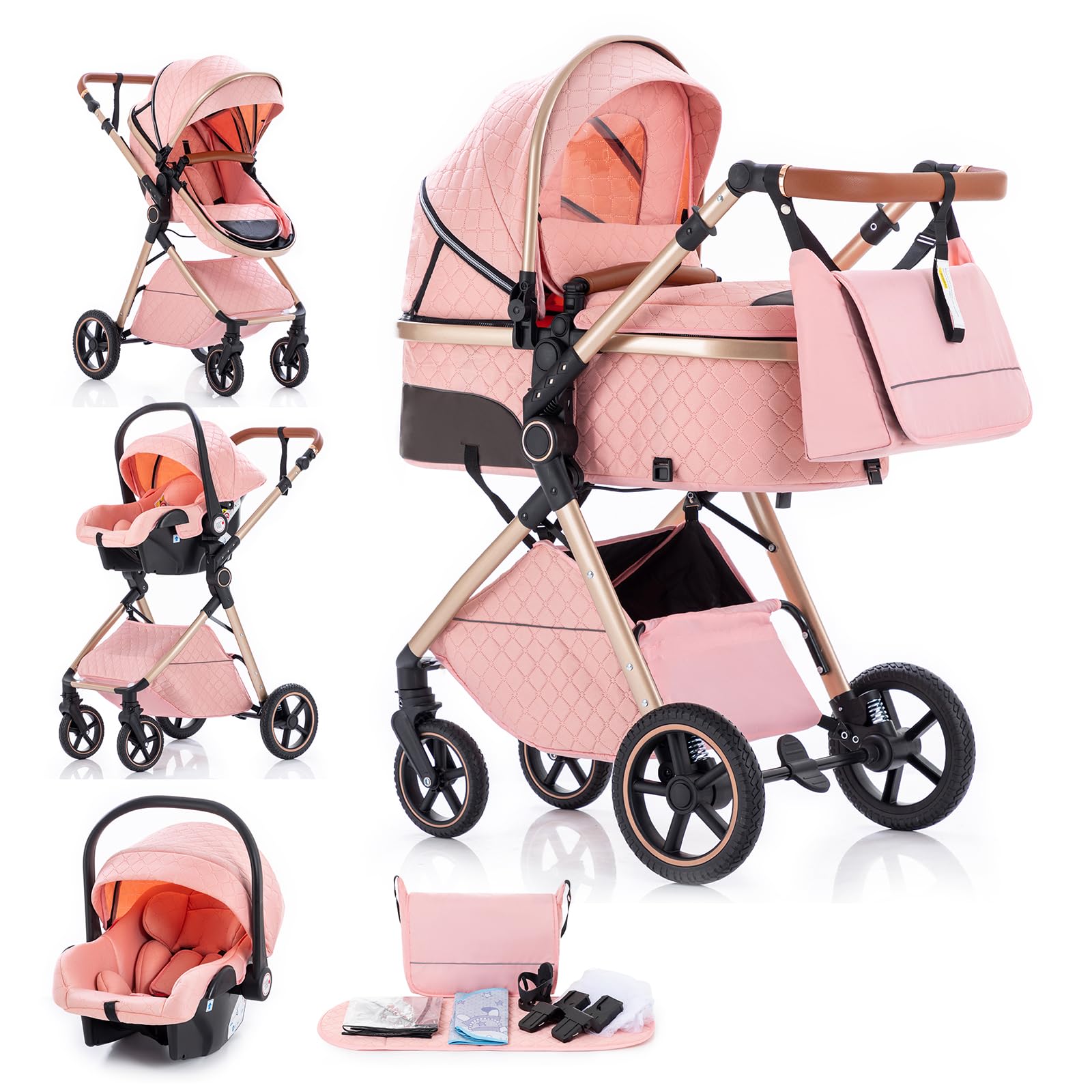 Gcarebb 3 in 1 Kinderwagen Reisesystem, Buggy mit höhenverstellbarem Griff, Reisewagen mit Regenschutz, Baby-Kinderwagen mit Aluminiumrahmen für Neugeborene
