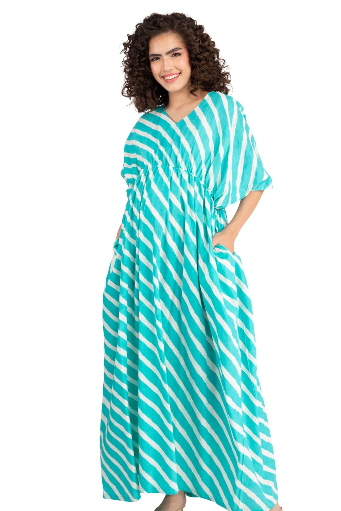 momzjoy Teal Green Striped Maternity Kaftan Dress | 100% Cotton Dress-picture-28
