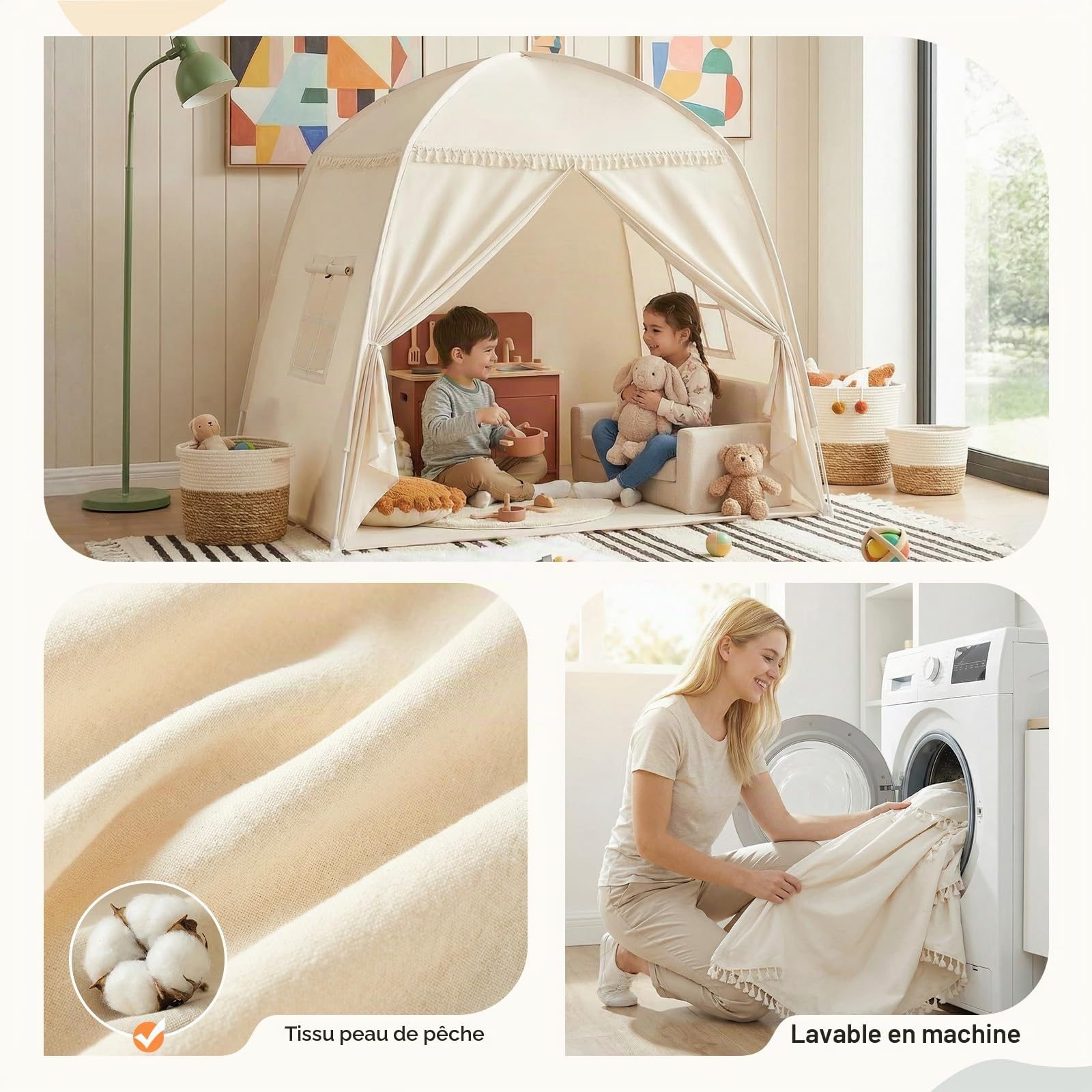 Grande Tente Tipi pour Enfants : Tente pour Enfants Garçons et Filles Maison de Jeu Intérieure Auvent Lit pour Salle de Jeux Cadeau Jouet (Crème)