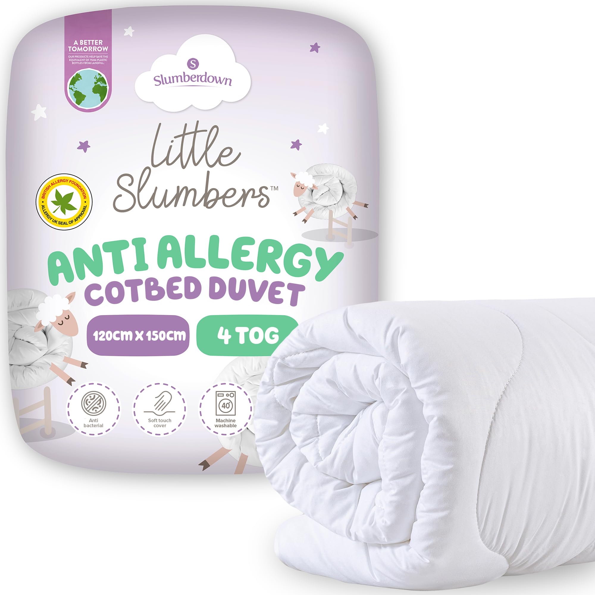 Slumberdown Anti Allergy Cot Bed Duvet 4 Tog - Allergy UK Approved Lightweight Duvet for Kids & Toddlers | Nursery Quilt, Soft Touch Cover & Machine Washable (120 x 150cm)
