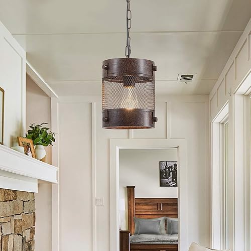 Miniatura 9 de Lámpara colgante de granja, lámpara colgante de jaula redonda de 1 luz, lámpara de araña de metal ajustable para isla de cocina, jaula industrial
