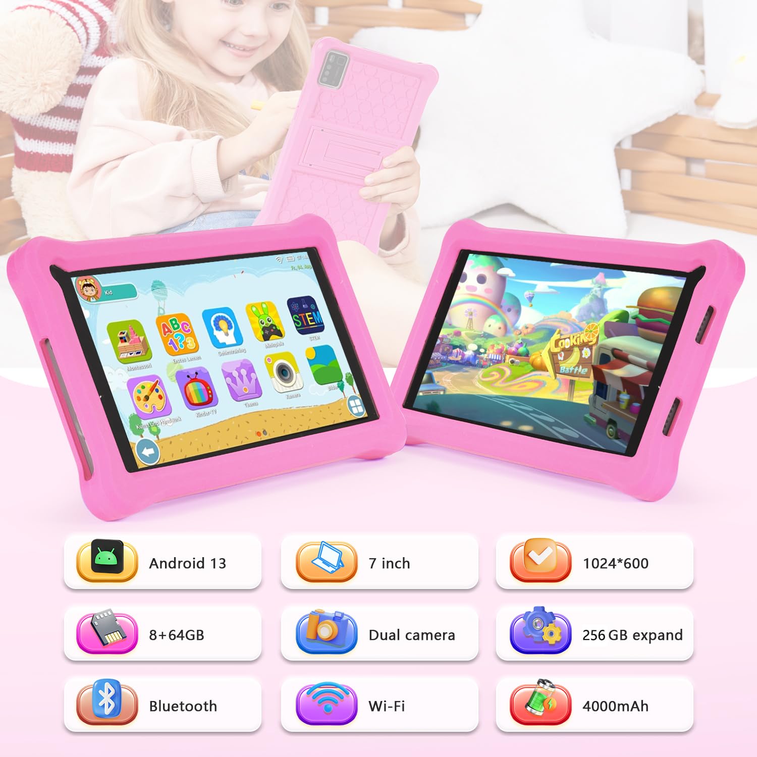 Tablet bambini 7 pollici con Display IPS, Android 13 Tablet per bambini, Controllo Parentale, 8GB RAM 64GB ROM(256 GB Espandibile), Doppia fotocamera, WiFi, Tablets Educativo con Custodia (Rosa)
