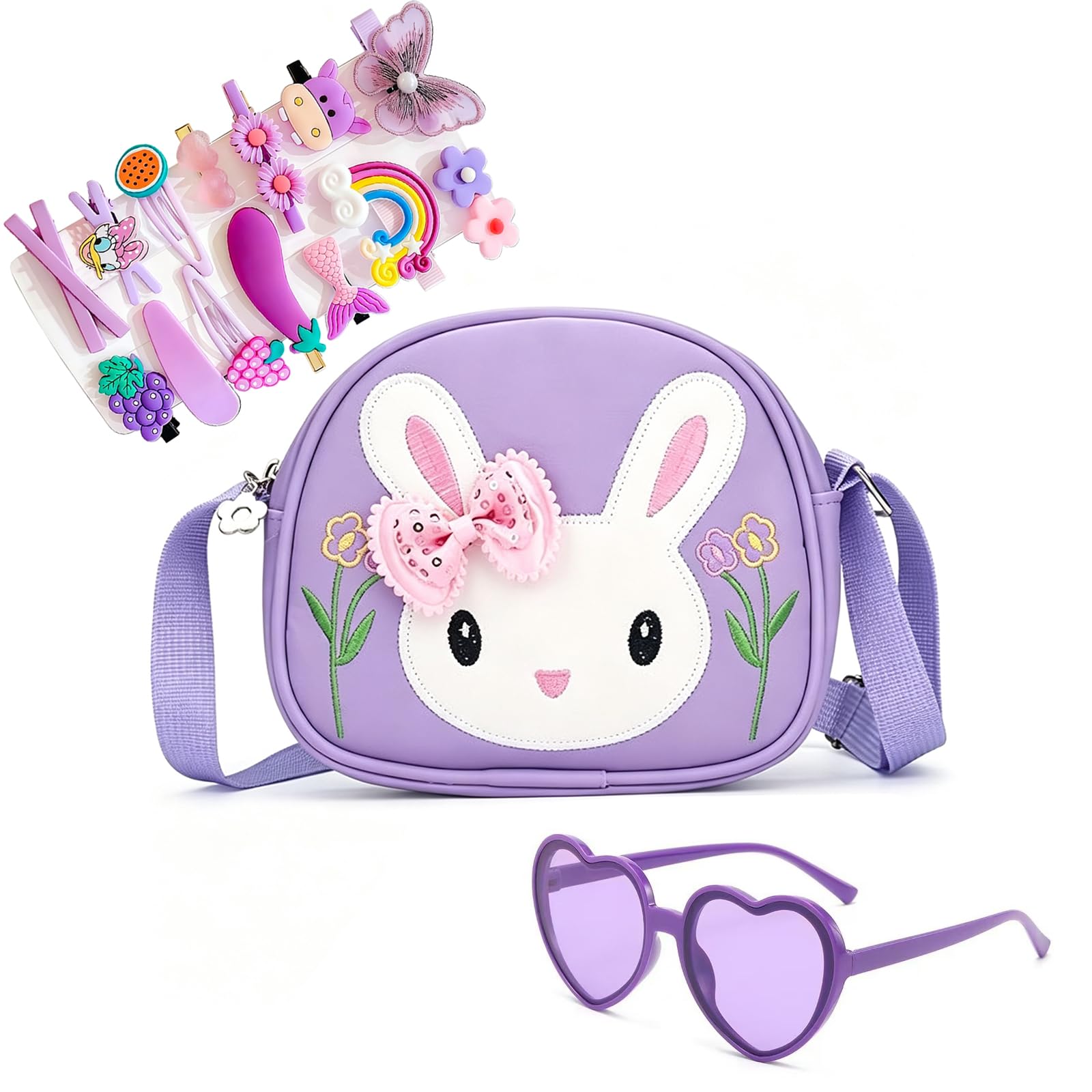 Purse for Kids Girls, Cute Bags for Girls with Heart Sunglasses and 14 Hair Clips, Small Bag for Kids with Adjustable Strap, Girls Gift Items for Birthday Party and Family Outings-image-23