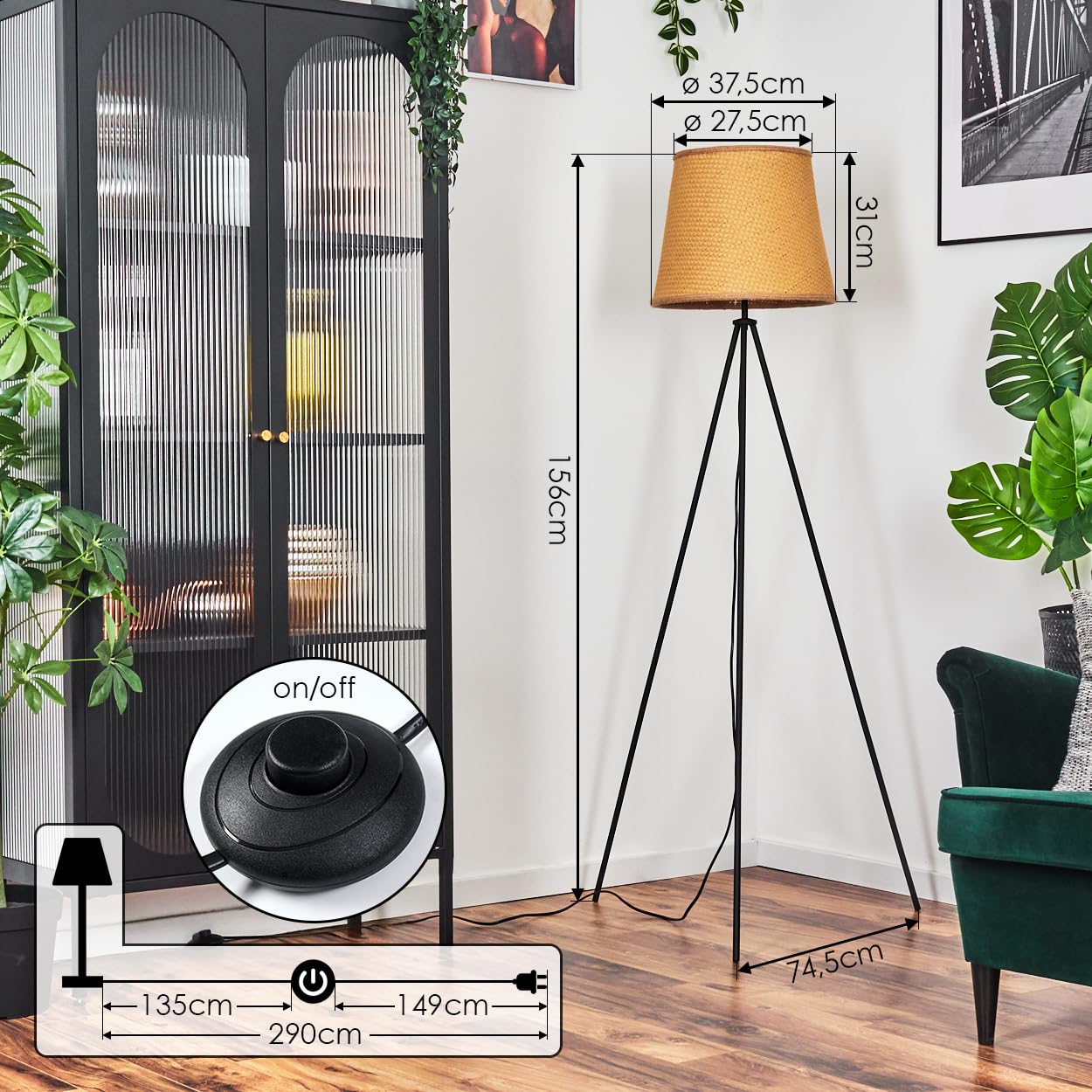 HOFSTEIN Lámpara de pie Palmeiros, lámpara de pie de metal/cuerda/rafia en negro/natural, E27, diseño escandinavo, estilo bohemio, altura 156 cm, diámetro de 37,5 cm, interruptor de pie – salón