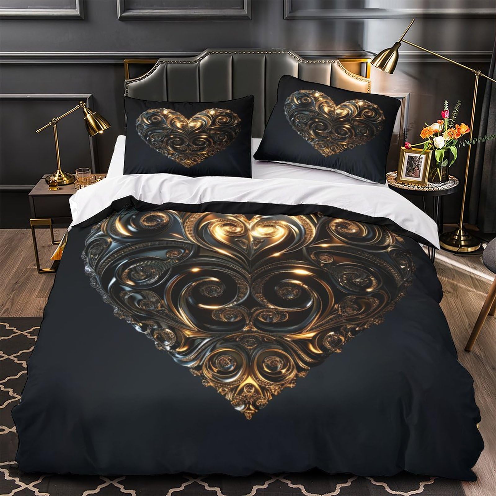 RIAVBAODG Black Gold 3D Print Duvet Cover Set Love Heart Soft Microfiber Quilt Cover Hidden Zipper for Kids Girls Teens 3 Pcs Bedding Sets with Pillowcase Single（140x200cm）