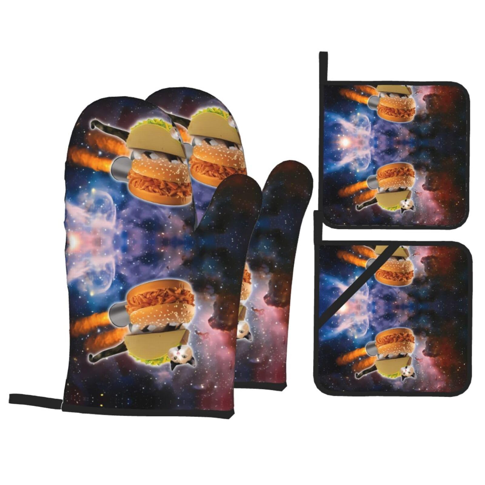 HJFCZH Funny Cat in Spacess Prints Kitchen Throw Set: Durable Oven Layers with Waterproof Polyester – 4 Piece Heat Protection System
