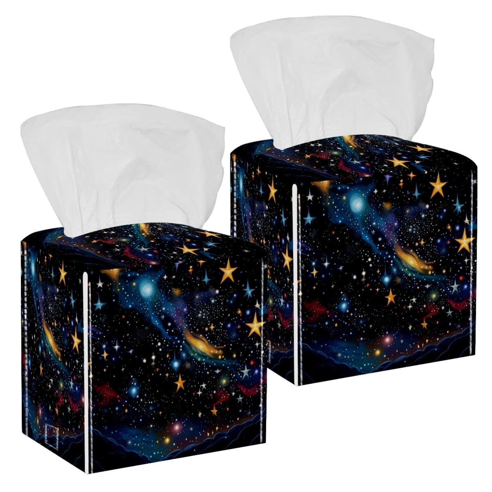 Colorful Stars Polka Dot Tissue Box Cover, 2 Pack PU Leather Square Facial Tissue Dispenser Box holder for Home Office Car