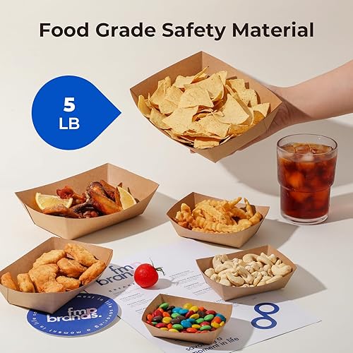 Miniatura 5 de Fit Meal Prep Paquete de 125 Bandejas de papel de 5 libras para alimentos desechables de alta resistencia, bandeja de nachos marrón kraft para