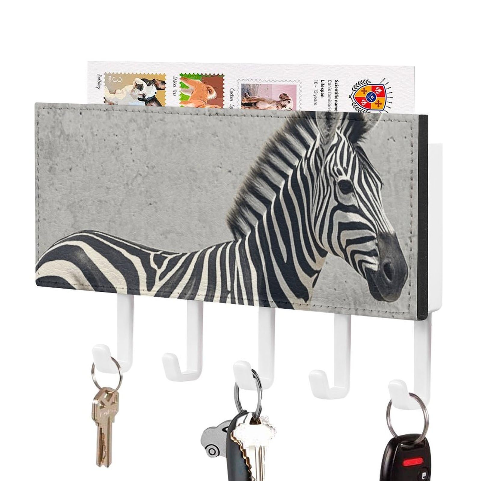 FekiLoot Zebra on The Wall Key Holder Wall Mount Key Hanger with 5 Hooks Decorative Key Rack Hanging Key Hooks with Mail Organizer Key Holder for Wall Living Room Kitchen Bathroom Hallway White