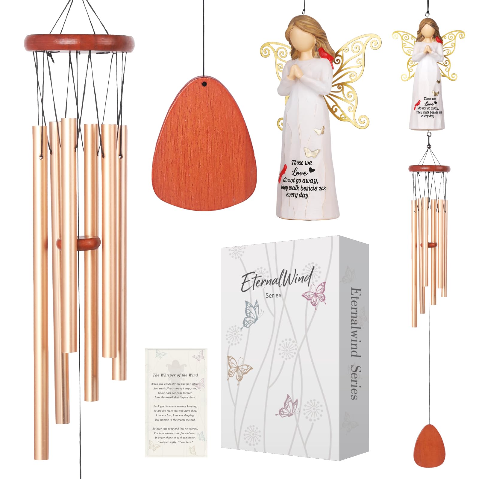 Angel Memorial Wind Chimes for Loss of Loved One with Resin Angel Statue