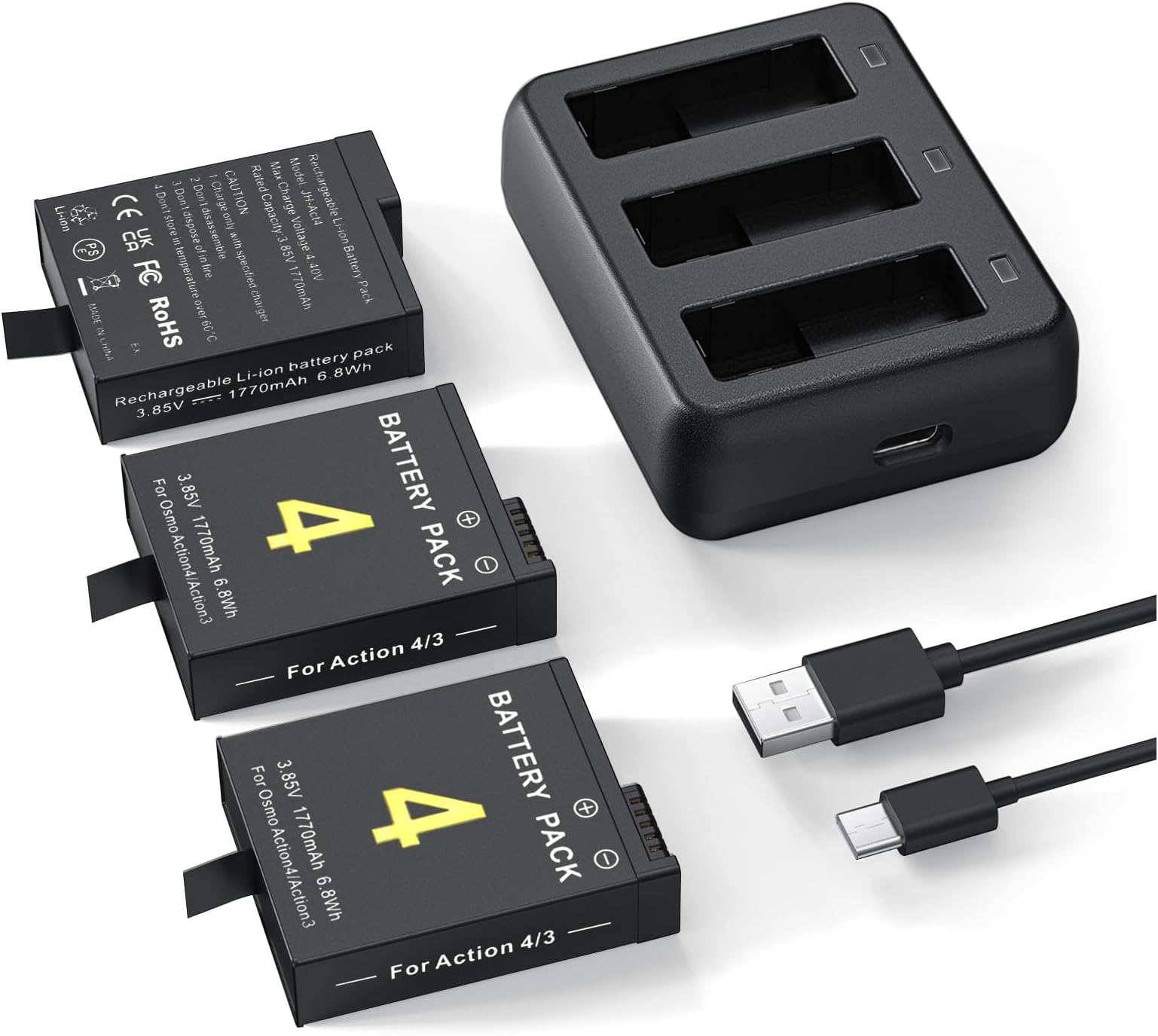 TELESIN Chargeur Rapide 3 Slots + Étui DJI Osmo Action 4 / 3 | Boîtier USB-C Avec Câble Pour Batteries Originales